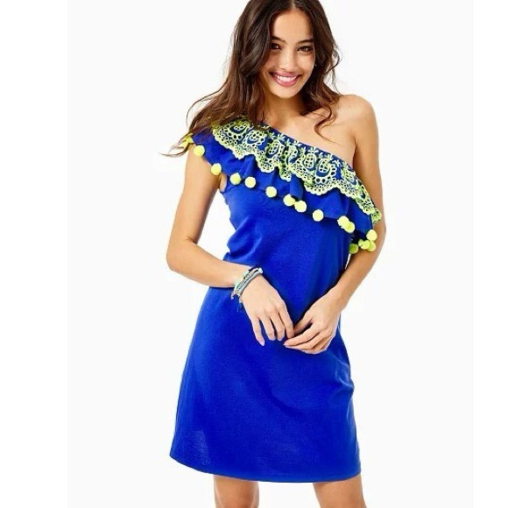 LILLY Pulitzer Idara Embroidered One Shoulder Pom Pom Dress Corsica Blue Medium